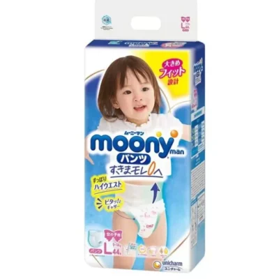Japońskie pieluchomajtki MOONY, rozmiar L, 9–14 kg, dla dziewczynek, 44 szt.