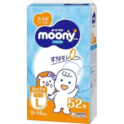 Japońskie pieluchomajtki MOONY, rozmiar L, 9–14 kg, dla dziewczynek, 52 szt.