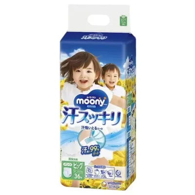 Japońskie pieluchomajtki MOONY Ase Kaku, rozmiar Big, 12–22 kg, 36 szt.