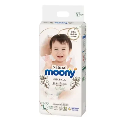 Japońskie pieluchy MOONY NATURAL, rozmiar L, 9–14 kg, 38 szt.