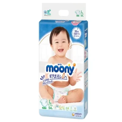 Japońskie pieluchy MOONY, rozmiar L, 9–14 kg, 54 szt.