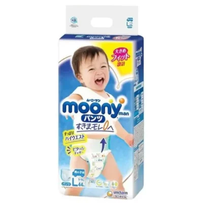 Japońskie pieluchomajtki MOONY, rozmiar L, 9–14 kg, dla chłopców, 44 szt.