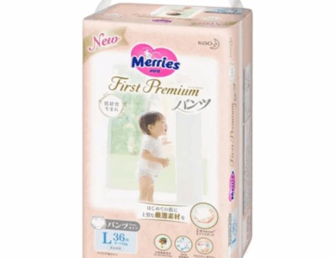 MERRIES First Premium pieluchomajtki, rozmiar L, 9–14 kg, 36 szt.